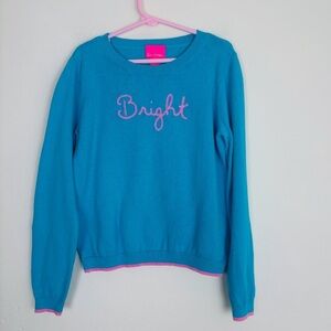 Lilly Pulitzer bright turquoise blue cotton sweater with bright pink trim.